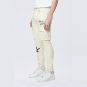 Slim Tapered Embroidered Cargo Twill Pants - Ecru