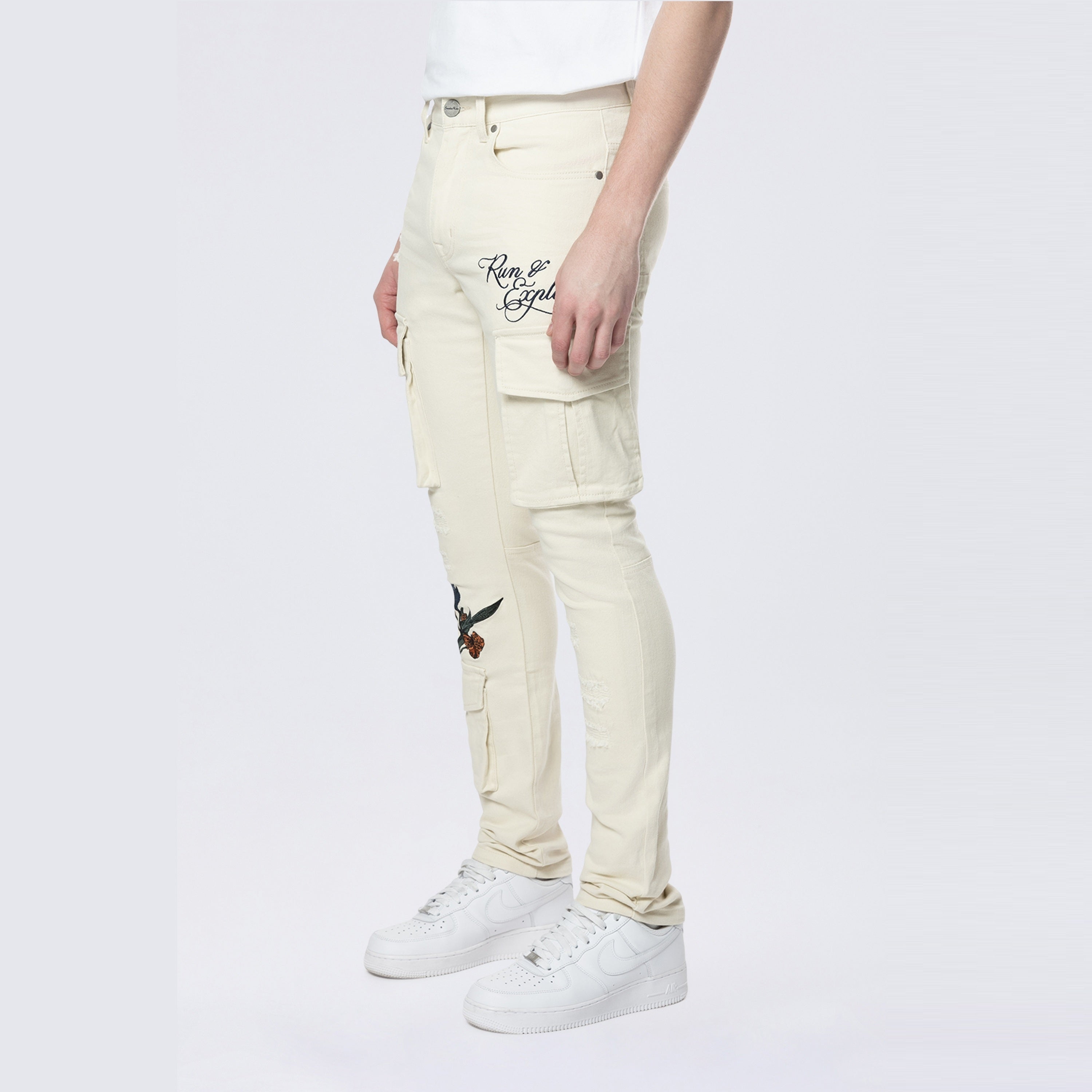Slim Tapered Embroidered Cargo Twill Pants - Ecru