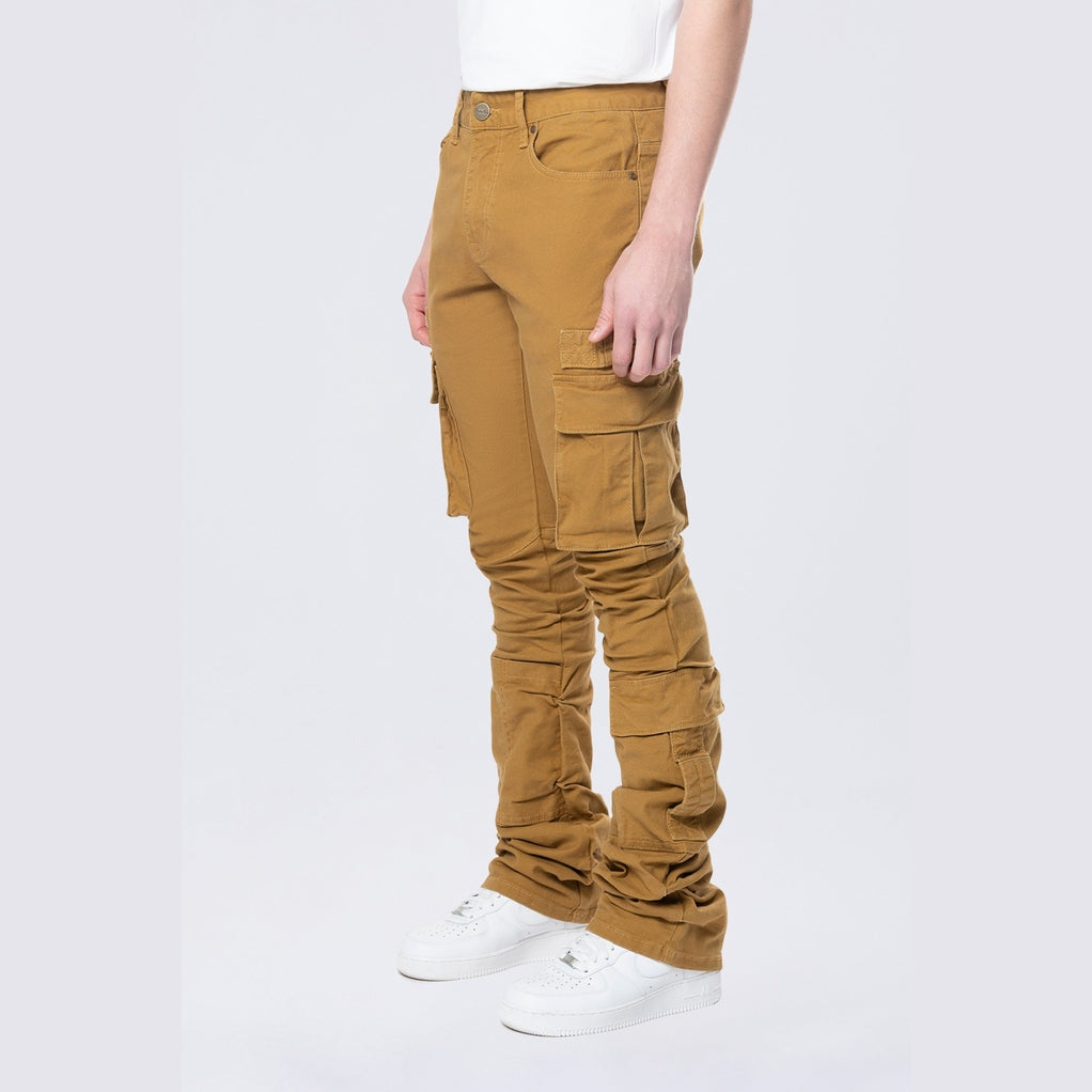 Smoke Rise Stacked Flared Cargo Strap Canvas Pants - Wheat