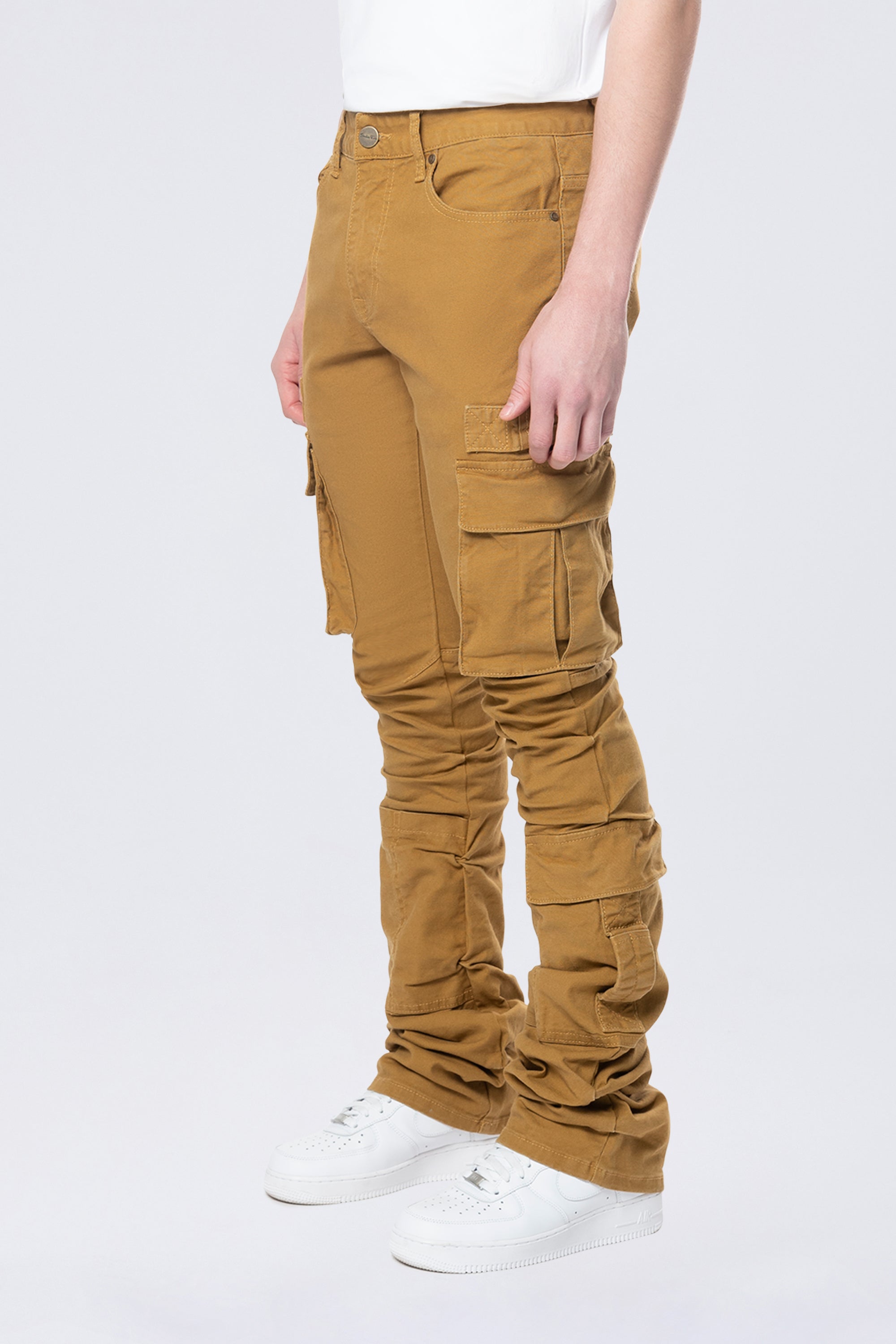 Stacked Flared Cargo Strap Canvas Pants - Wheat