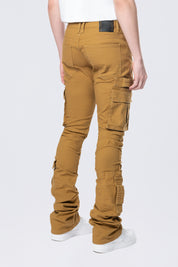 Stacked Flared Cargo Strap Canvas Pants - Wheat