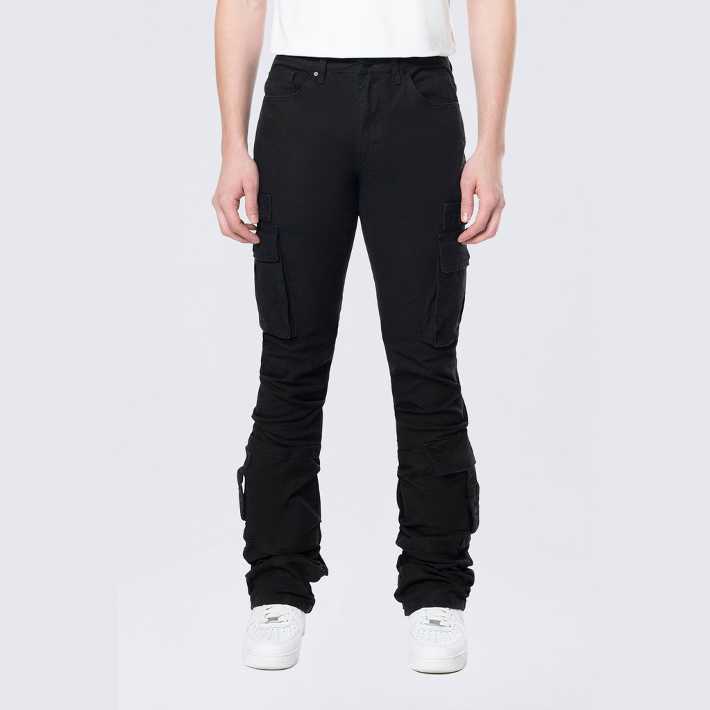 Smoke Rise Stacked Flared Cargo Strap Canvas Pants - Black