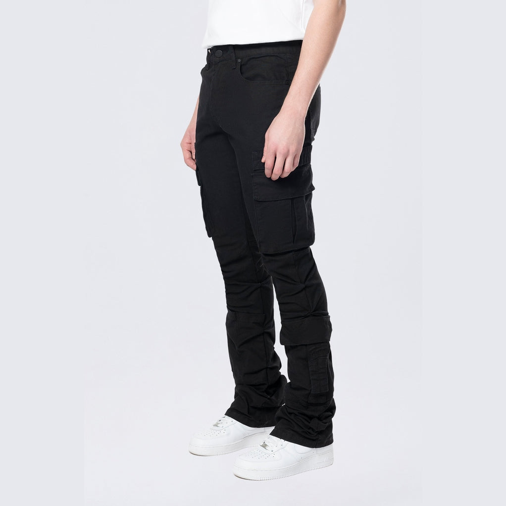 Smoke Rise Stacked Flared Cargo Strap Canvas Pants - Black