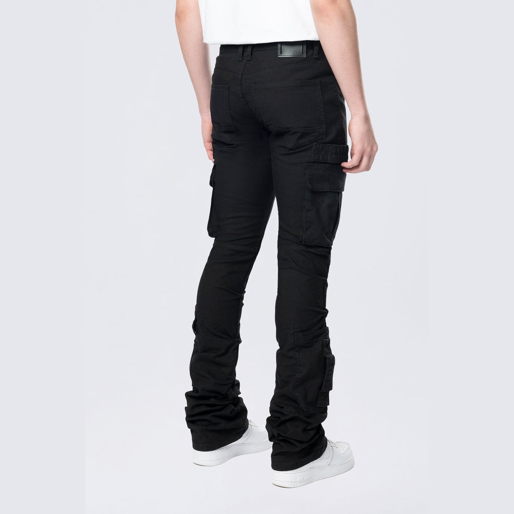 Smoke Rise Stacked Flared Cargo Strap Canvas Pants - Black