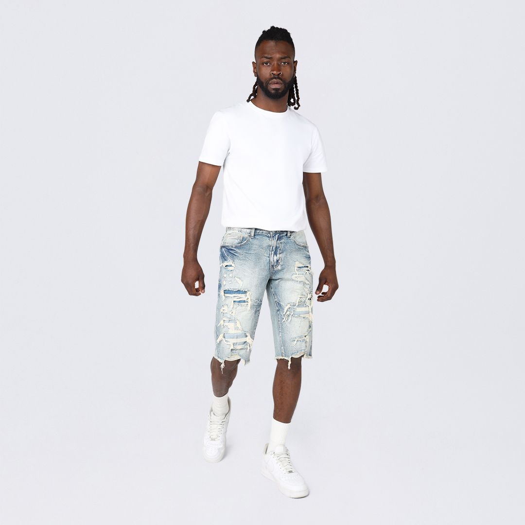 Slim Distressed Rip & Repair Jean Shorts - Rhodes Blue