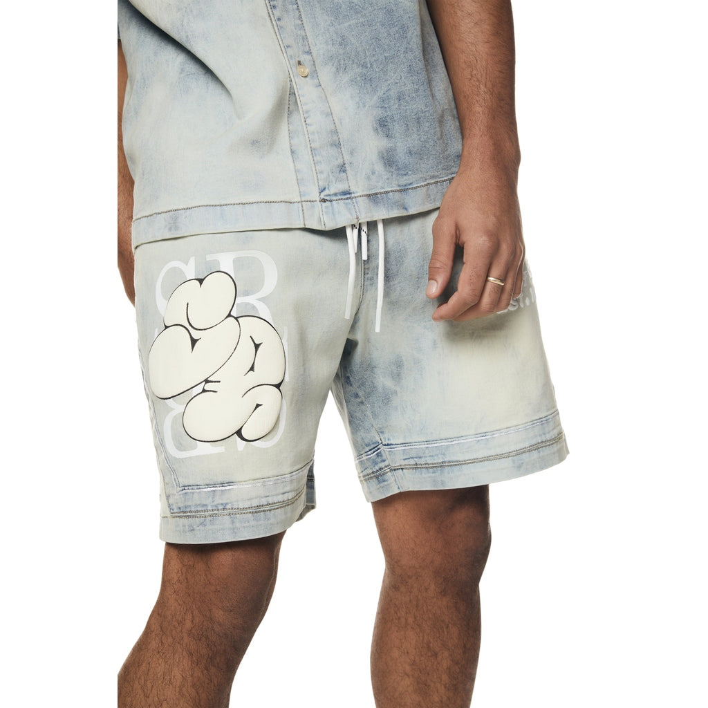 Smoke Rise Puff Printed Graphic Resort Denim Shorts - Elm Blue