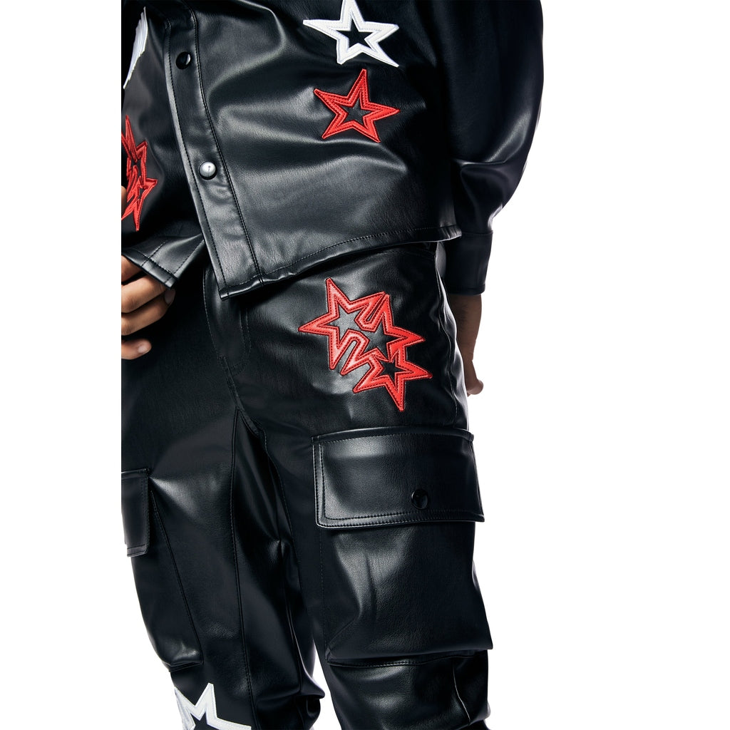 Smoke Rise 3D Embroidered Cargo Vegan Leather Pants - Black