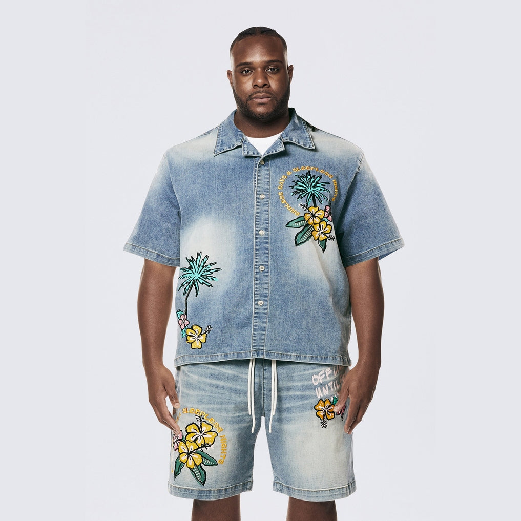 Smoke Rise Big and Tall Big and Tall - Tropical Doodle Denim Shirt - Malibu Blue