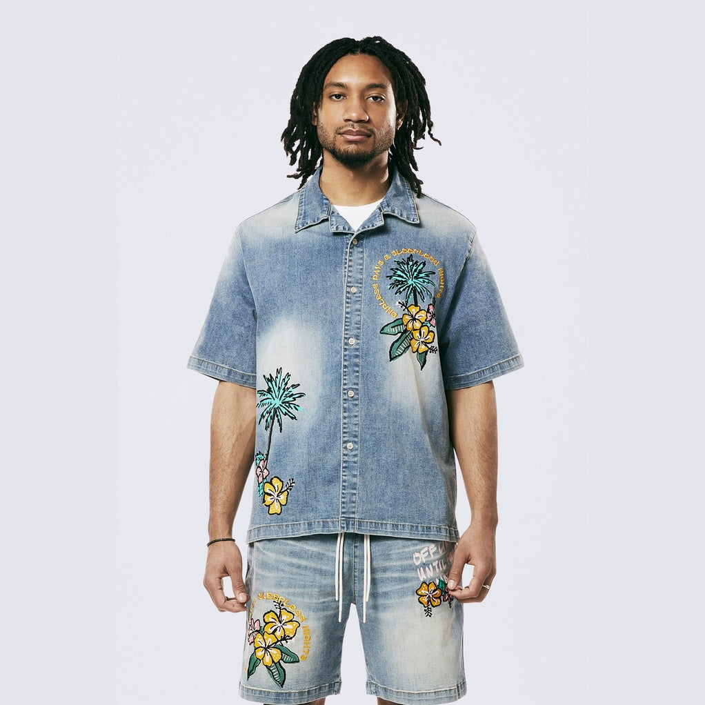 Smoke Rise Tropical Doodle Denim Shirt - Malibu Blue