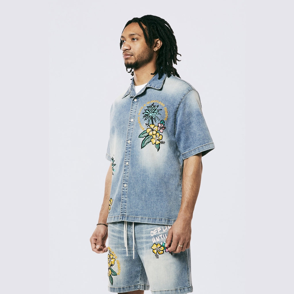 Smoke Rise Tropical Doodle Denim Shirt - Malibu Blue