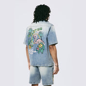 Smoke Rise Tropical Doodle Denim Shirt - Malibu Blue