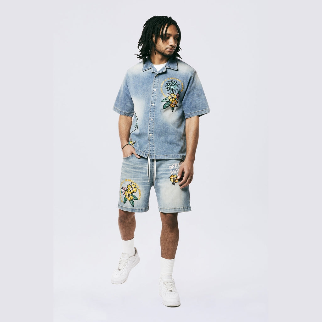 Smoke Rise Tropical Doodle Denim Shirt - Malibu Blue