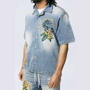 Smoke Rise Tropical Doodle Denim Shirt - Malibu Blue