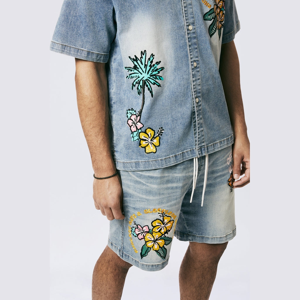 Smoke Rise Tropical Doodle Denim Shirt - Malibu Blue