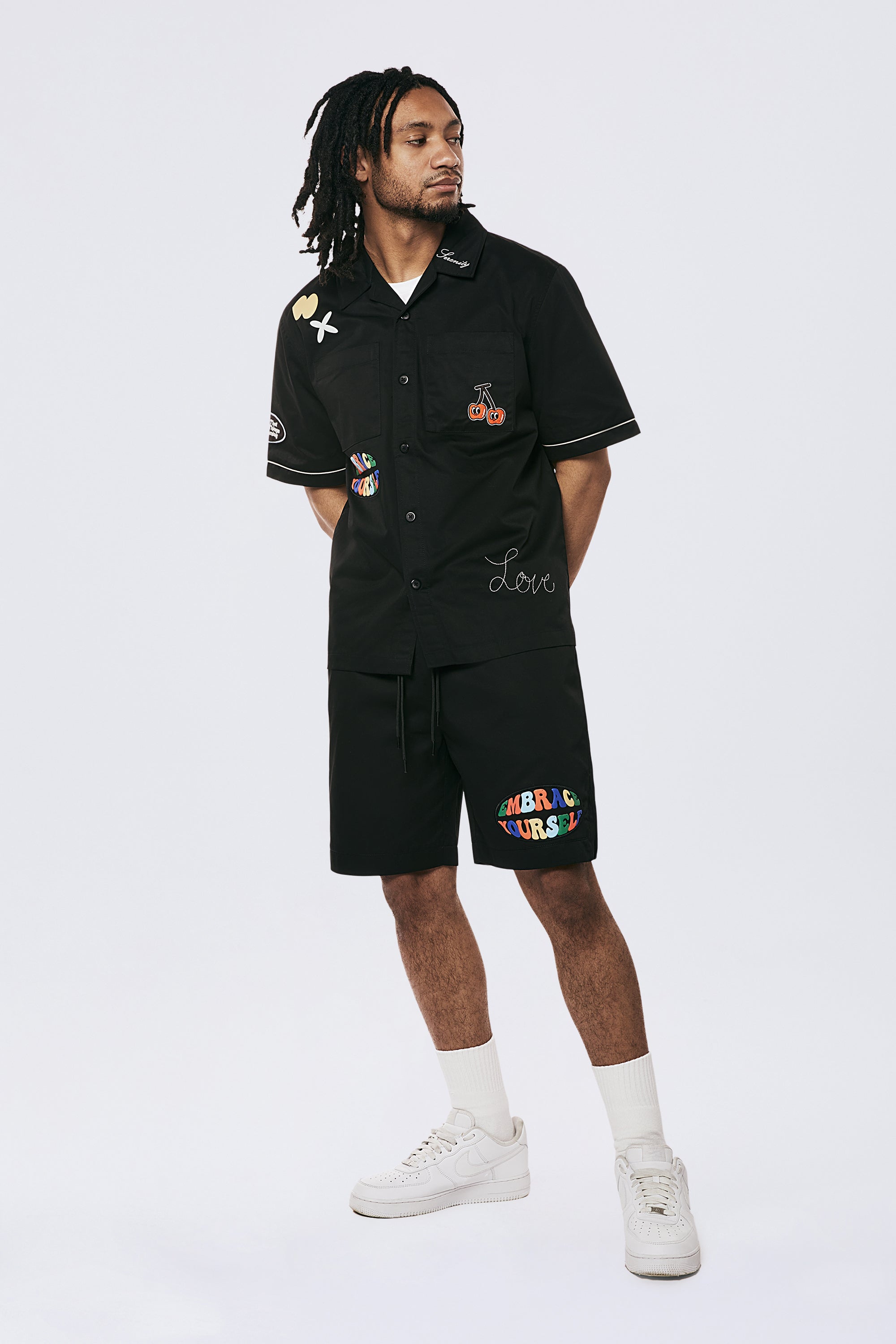 Graphic Heavy Textured Twill Shorts - Black