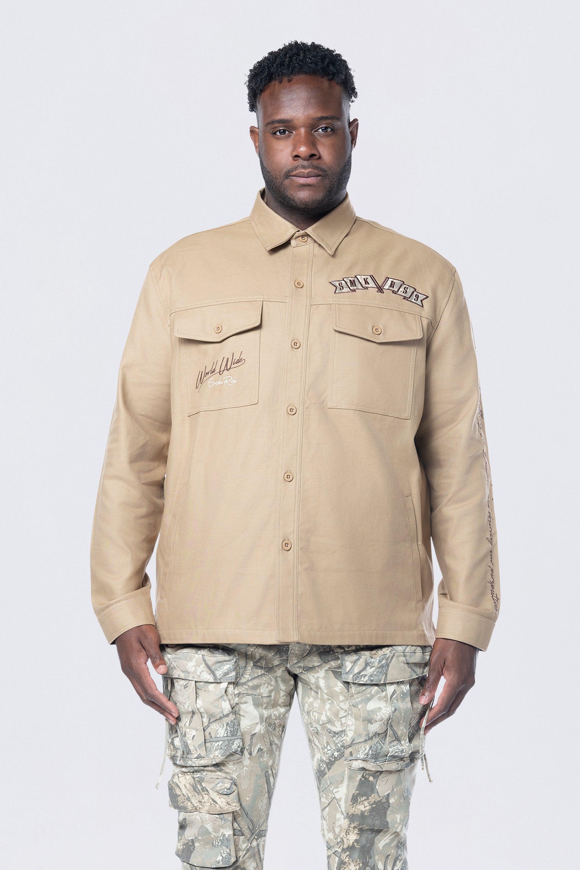 Big and Tall - Tree Camo Patched Overshirt - Khaki