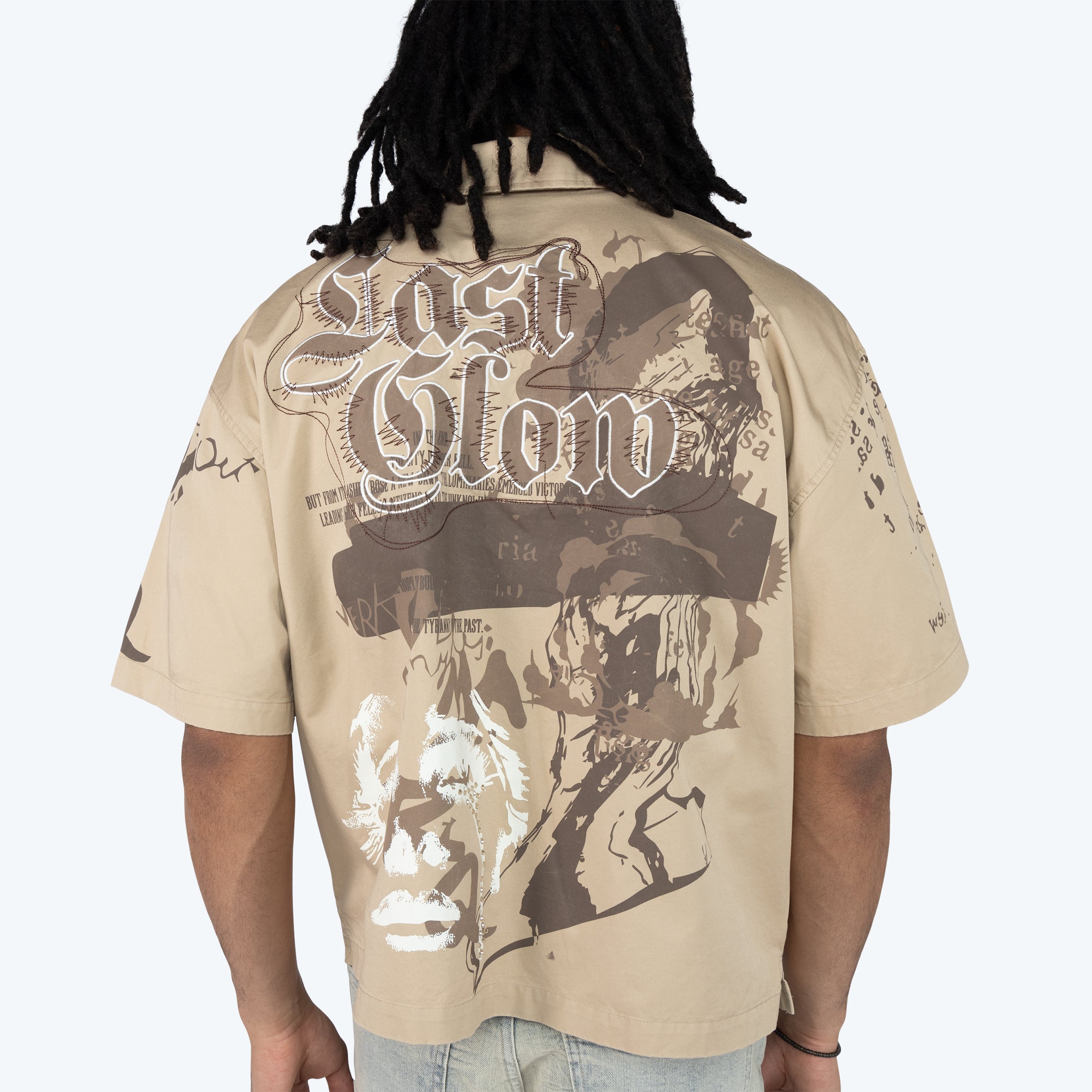 Oversized Cropped Dystopia SS Button Down Twill Shirt - Sesame