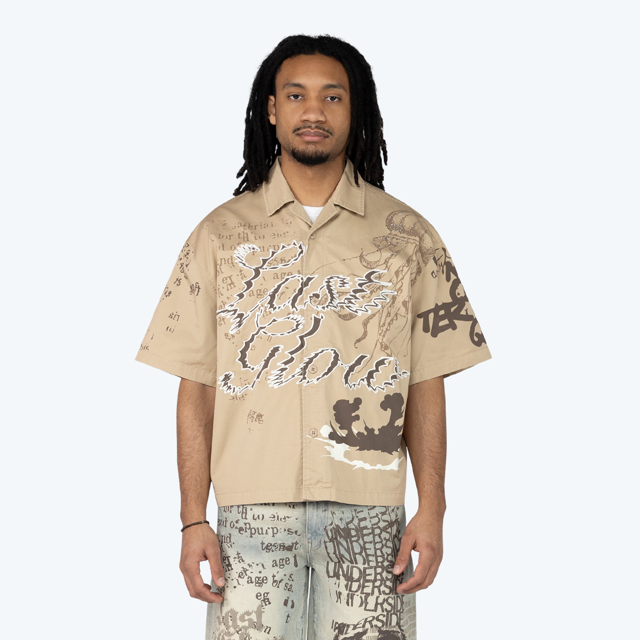 Oversized Cropped Dystopia SS Button Down Twill Shirt - Sesame