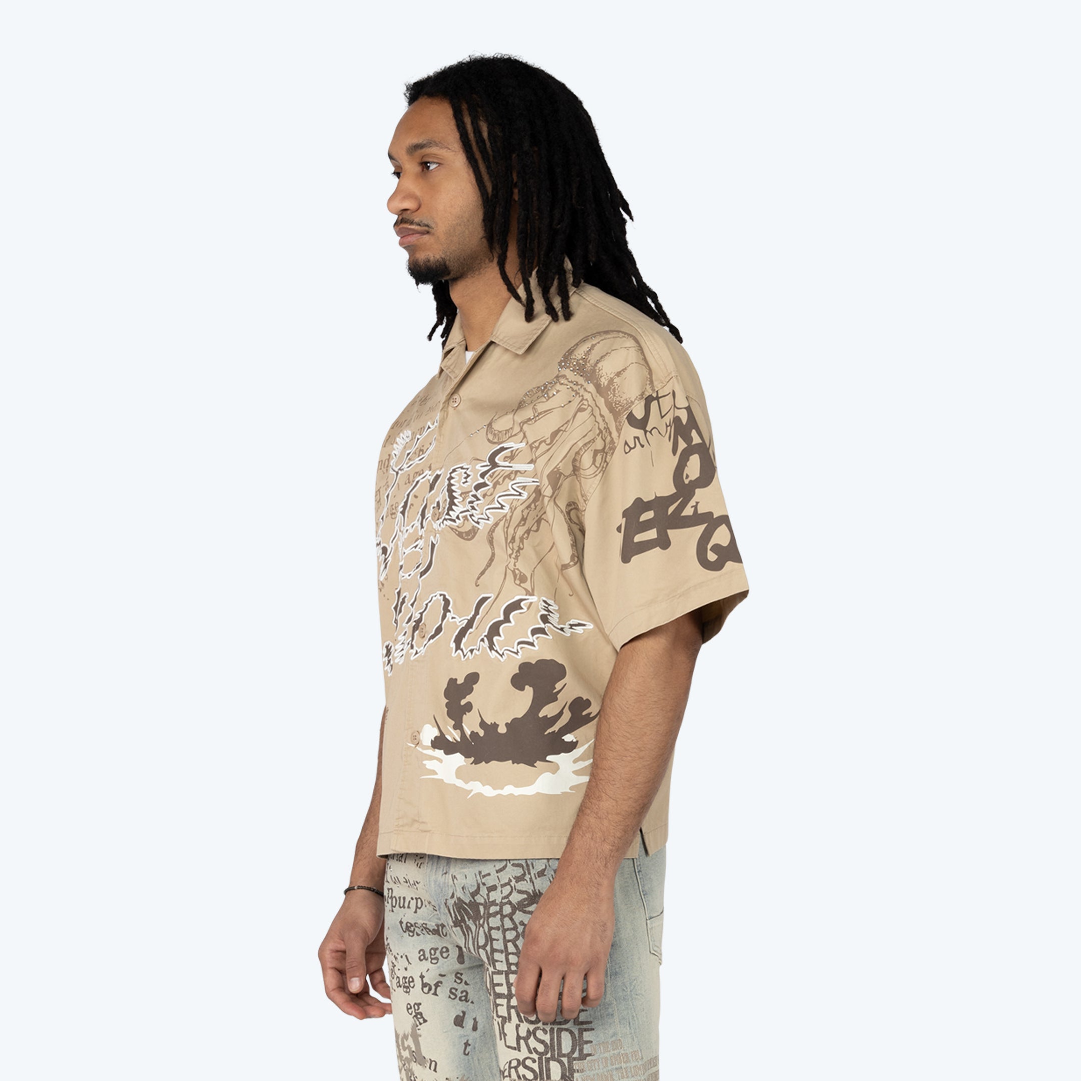 Oversized Cropped Dystopia SS Button Down Twill Shirt - Sesame