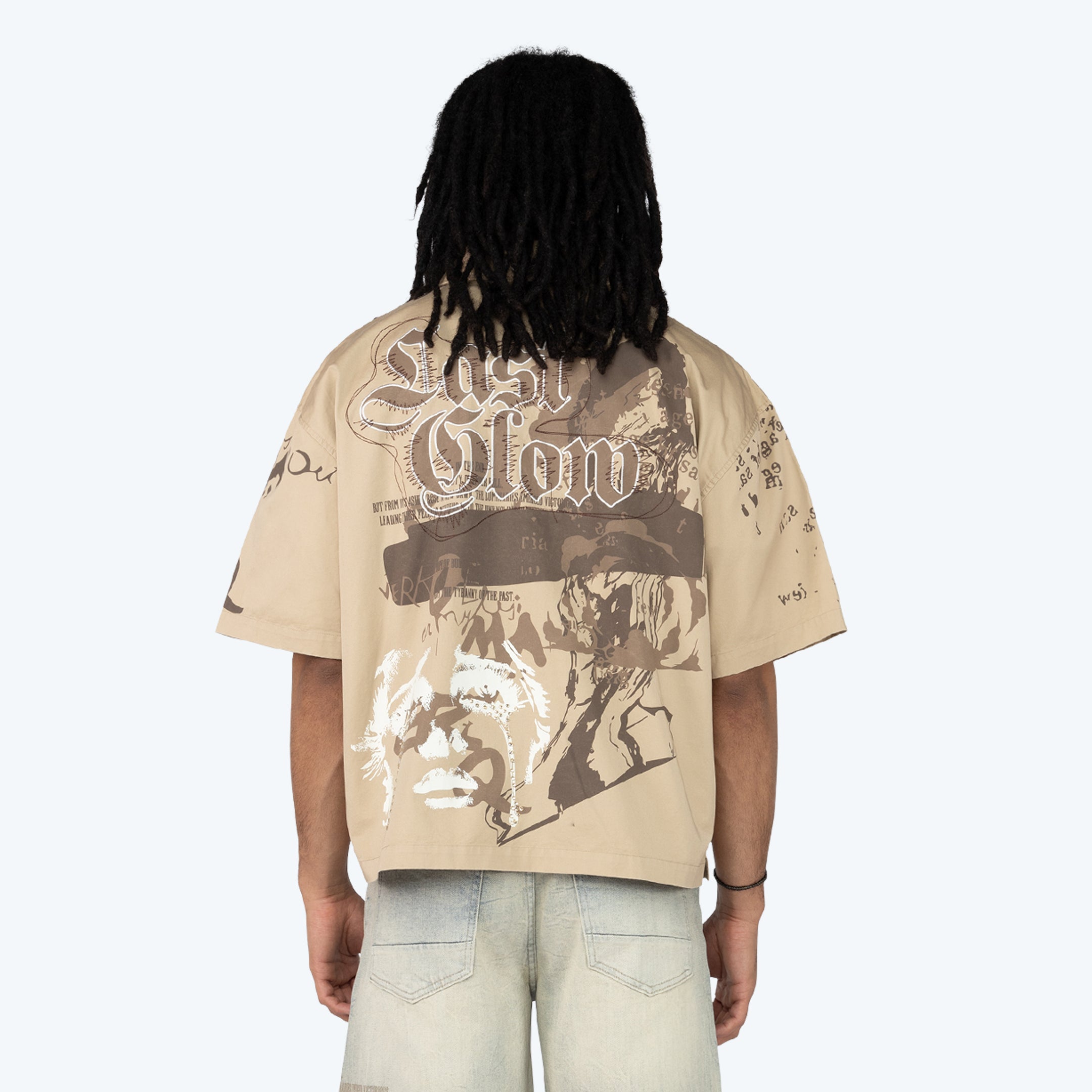 Oversized Cropped Dystopia SS Button Down Twill Shirt - Sesame