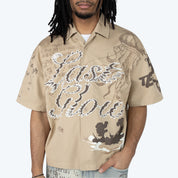 Oversized Cropped Dystopia SS Button Down Twill Shirt - Sesame