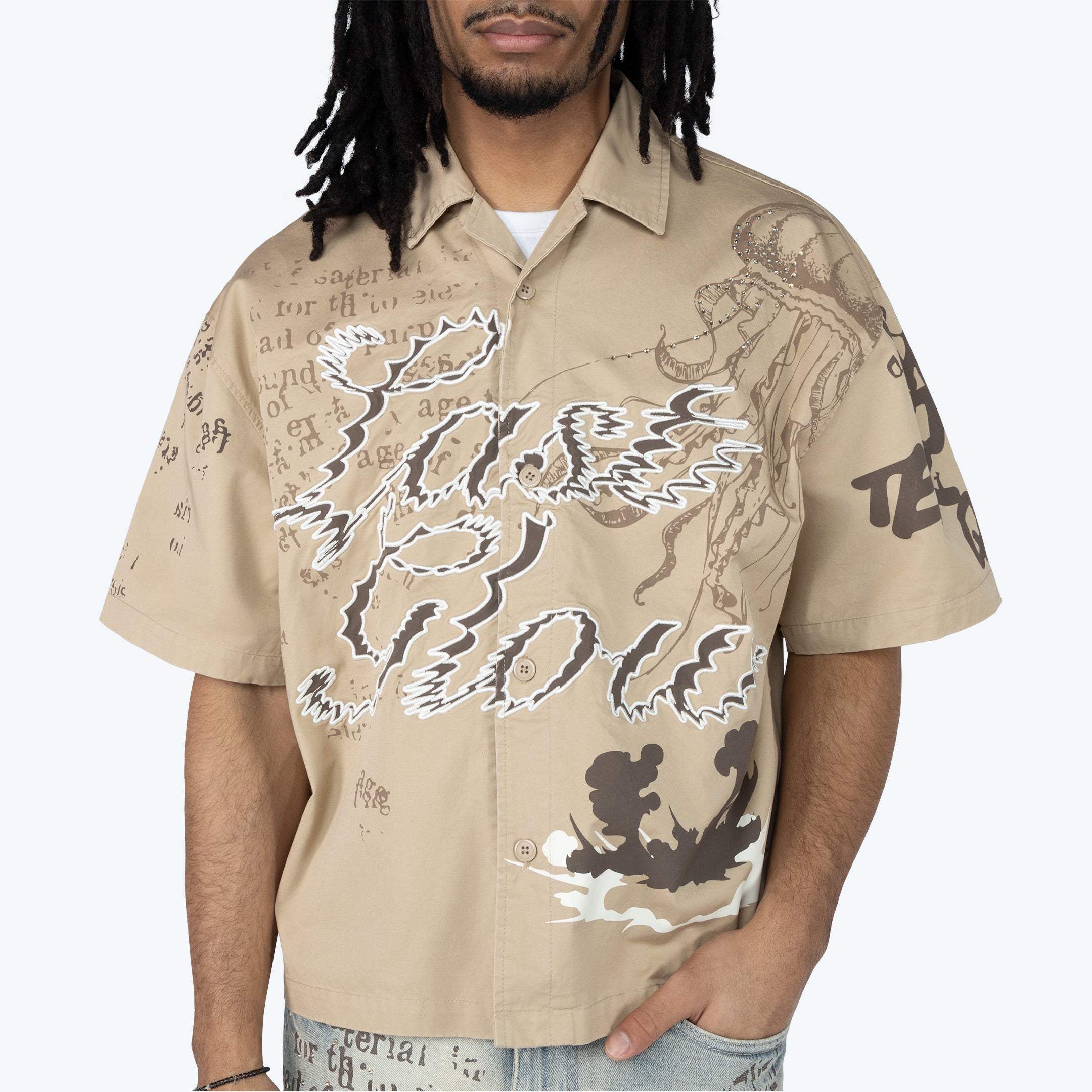Oversized Cropped Dystopia SS Button Down Twill Shirt - Sesame