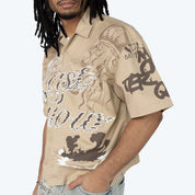 Oversized Cropped Dystopia SS Button Down Twill Shirt - Sesame