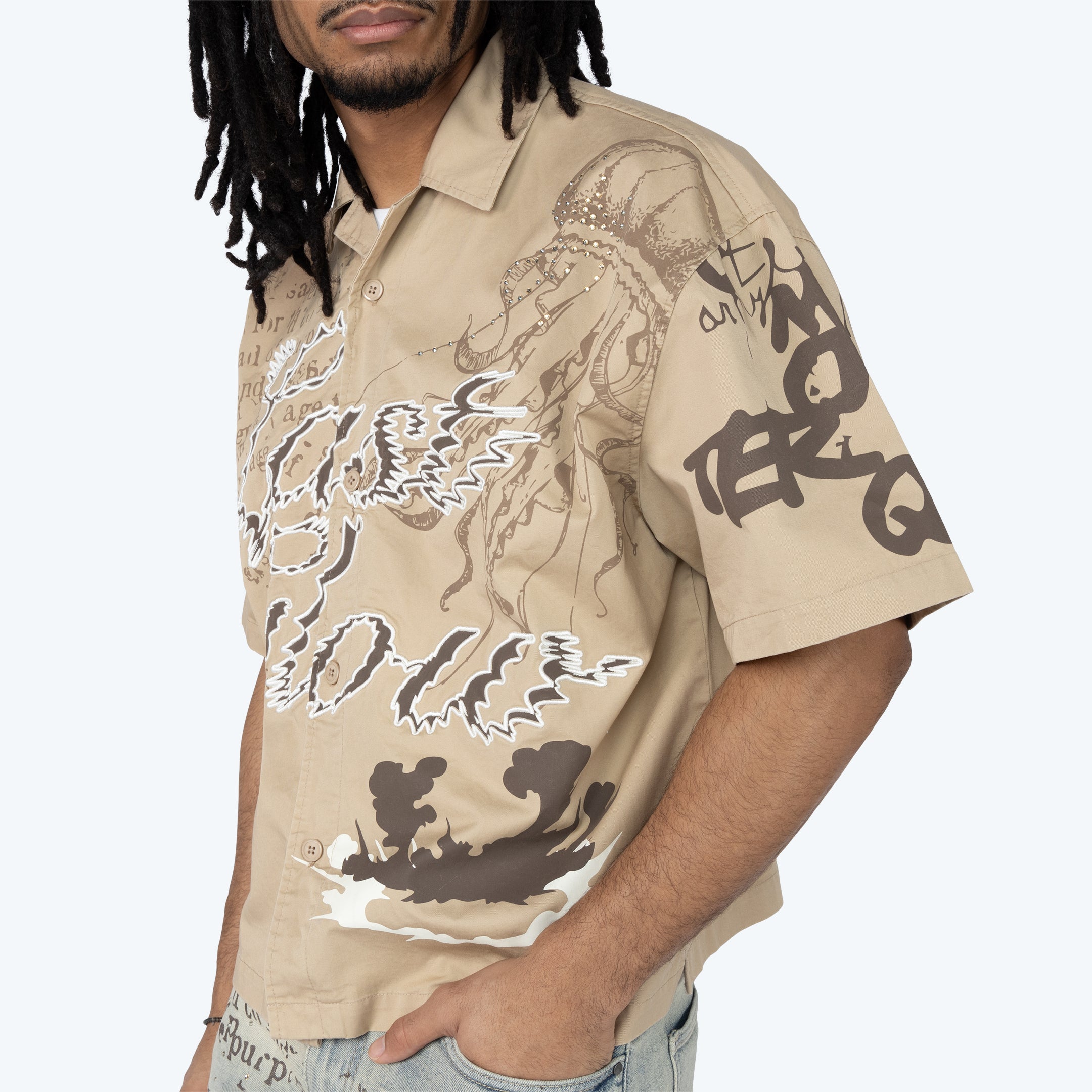 Oversized Cropped Dystopia SS Button Down Twill Shirt - Sesame
