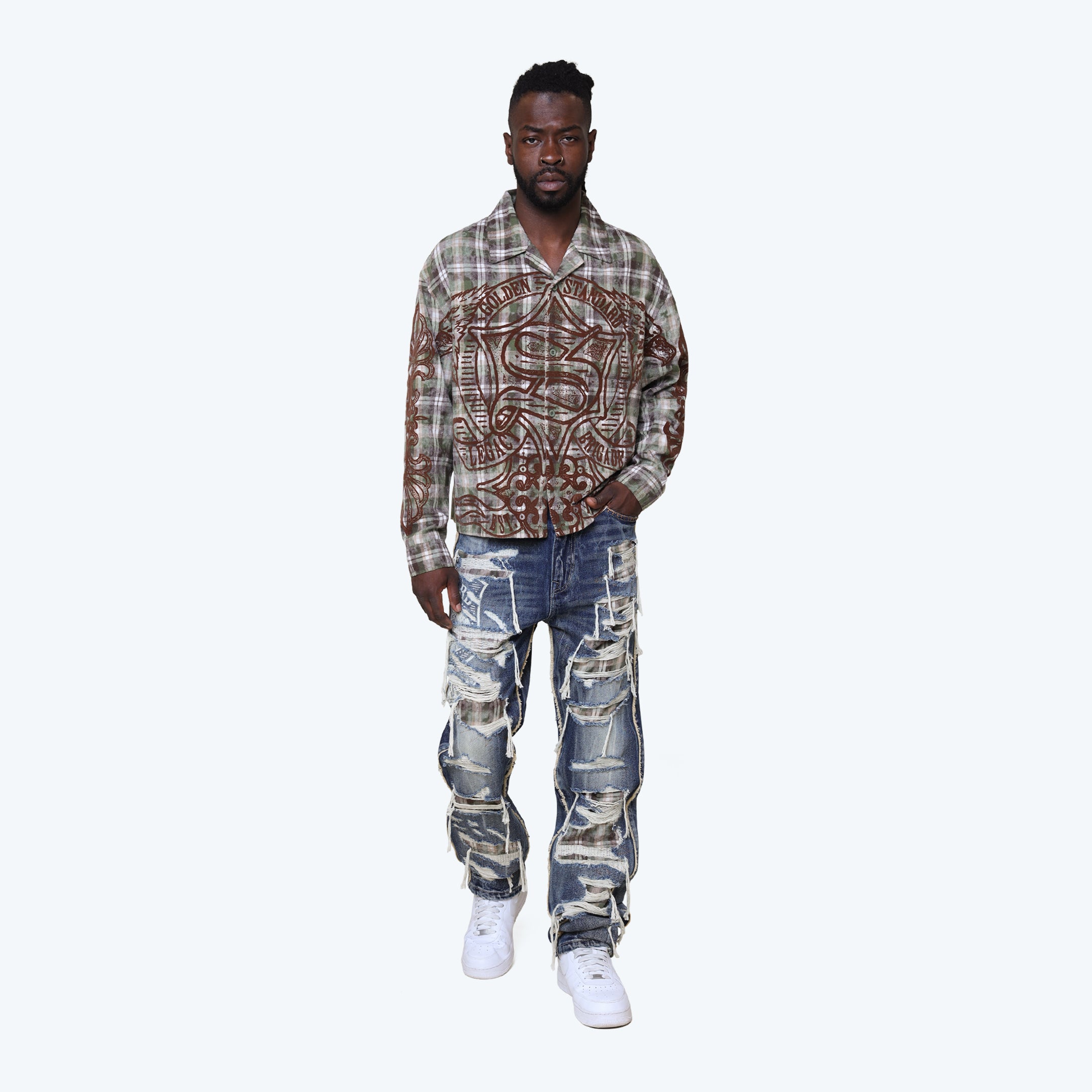 Lazy Stacked Grandeur Plaid Jeans - Fordham Blue