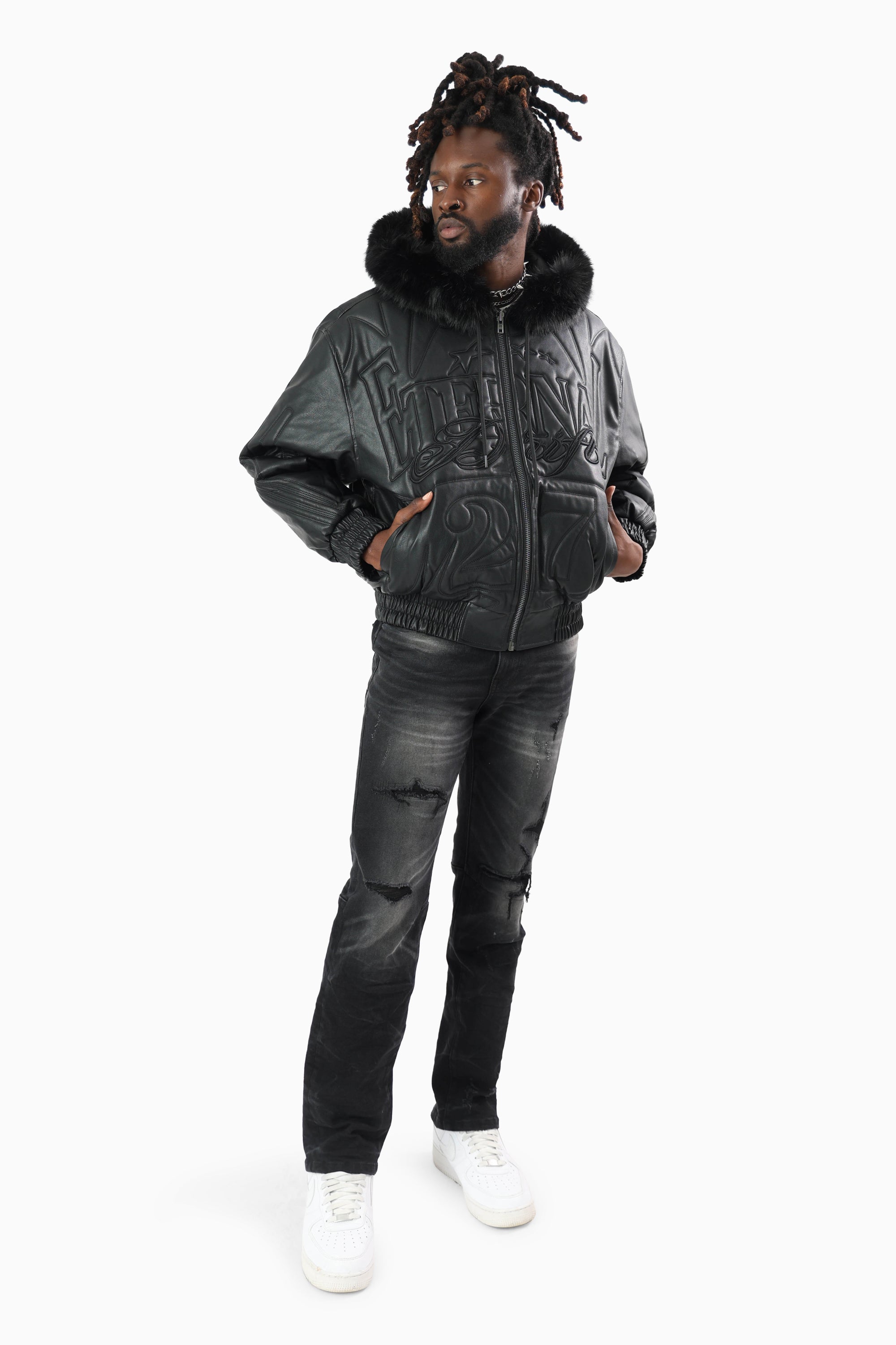 Eternal Drift Bomber With Faux Fur Hoodie - Black
