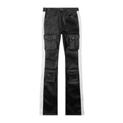 Smoke Rise Vegan Leather Stacked Striped Cargo Pants - Black