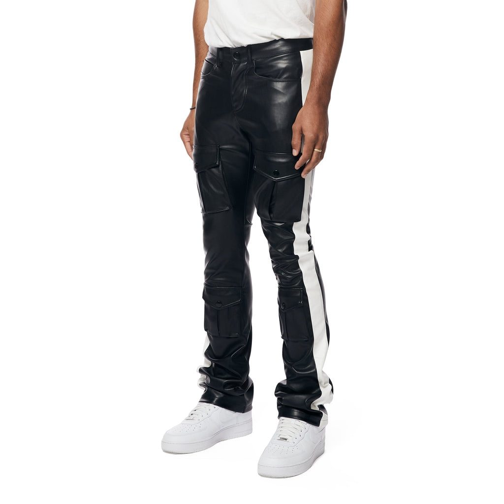 Smoke Rise Vegan Leather Stacked Striped Cargo Pants - Black