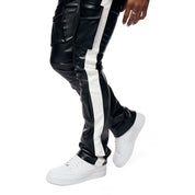 Smoke Rise Vegan Leather Stacked Striped Cargo Pants - Black