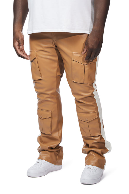 Big And Tall Vegan Leather Stacked Striped Cargo Pants - Tan