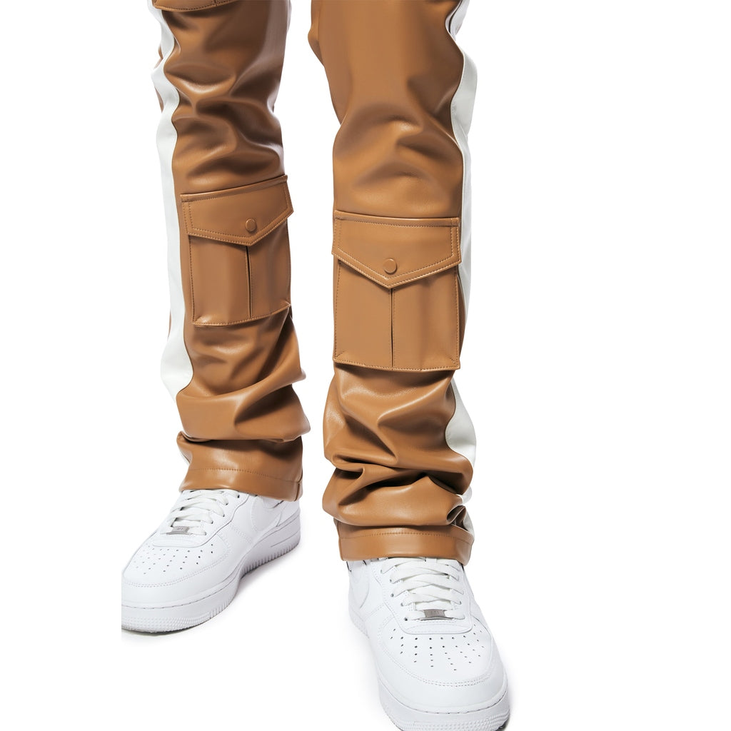 Smoke Rise Vegan Leather Stacked Striped Cargo Pants - Tan