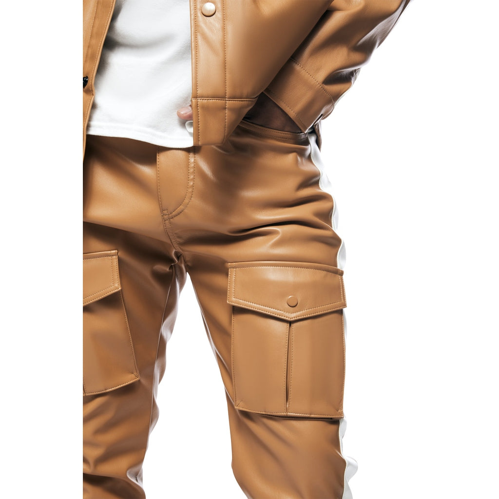 Smoke Rise Vegan Leather Stacked Striped Cargo Pants - Tan