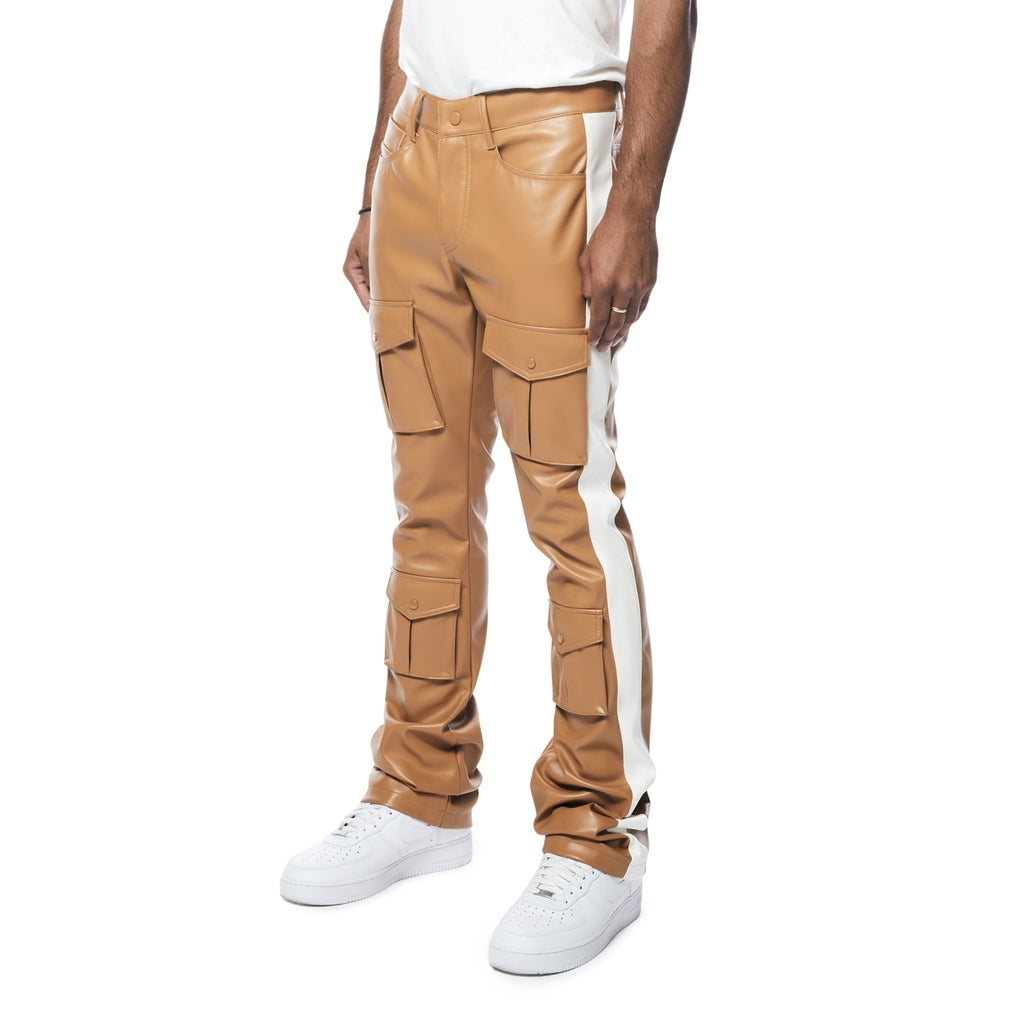 Smoke Rise Vegan Leather Stacked Striped Cargo Pants - Tan