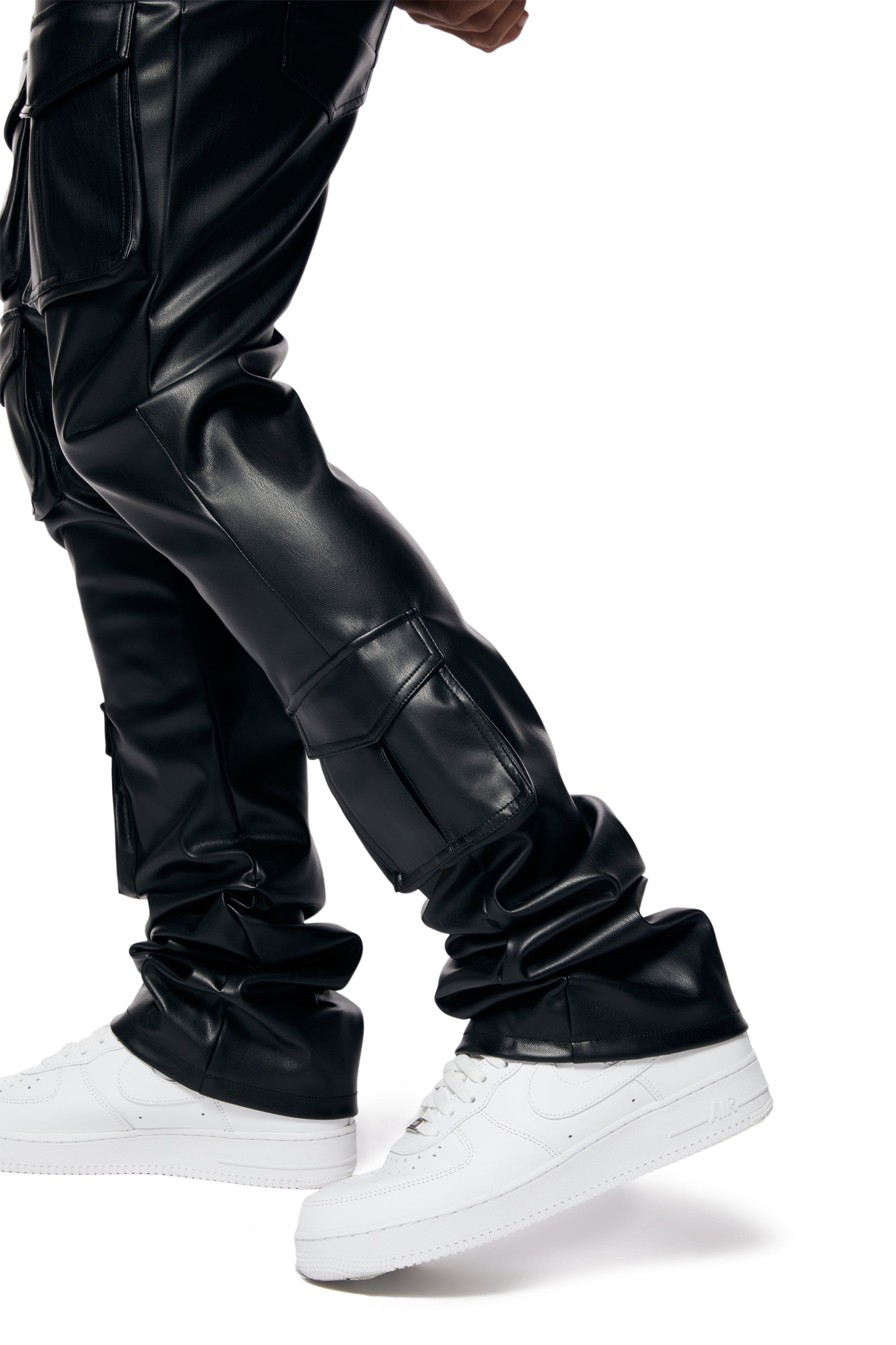 Leather Stacked Pants Men's: Faux Leather Stacked Denim