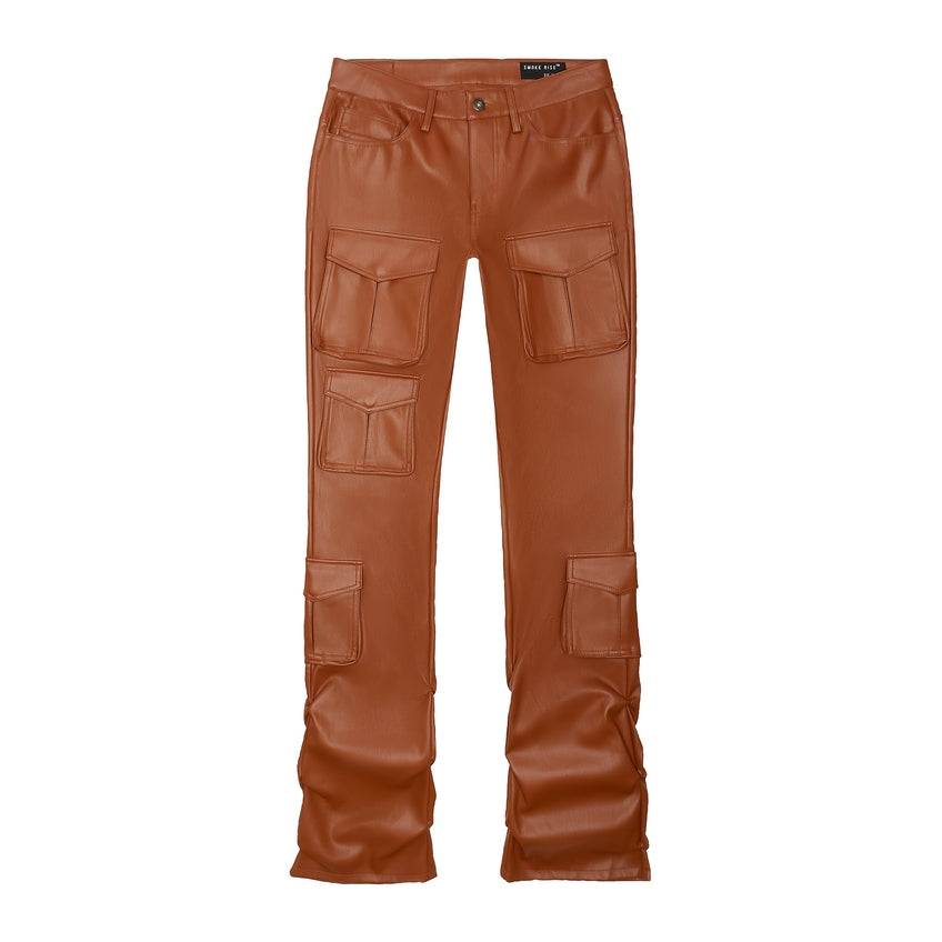 Smoke Rise Vegan Leather Stacked Utility Pants - Cognac