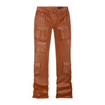 Vegan Leather Stacked Utility Pants - Cognac