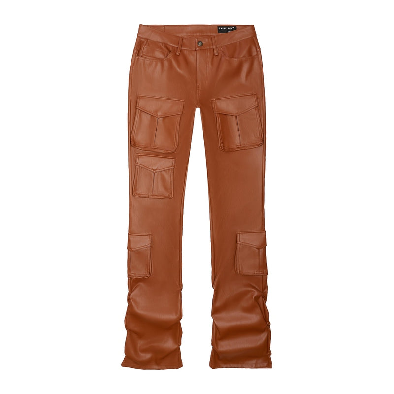 Vegan Leather Stacked Utility Pants - Cognac