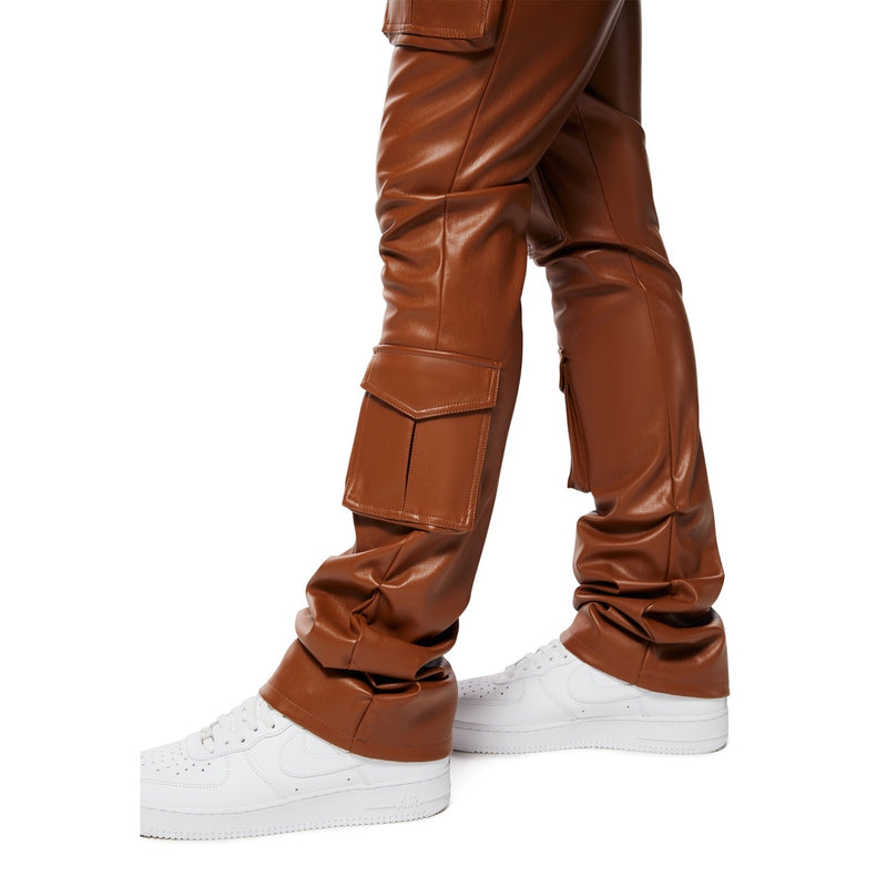 Vegan Leather Stacked Utility Pants - Cognac
