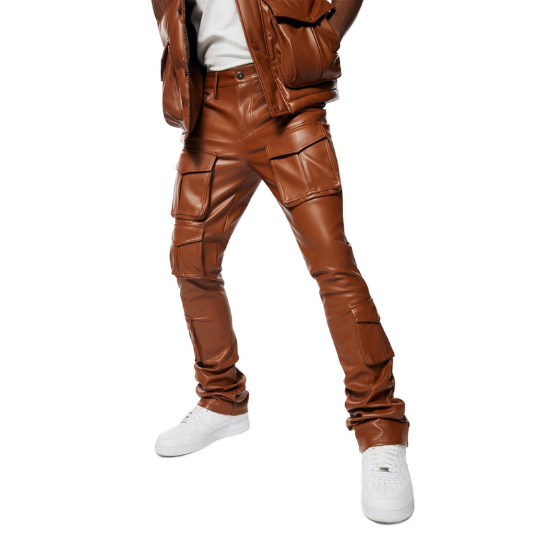 Vegan Leather Stacked Utility Pants - Cognac