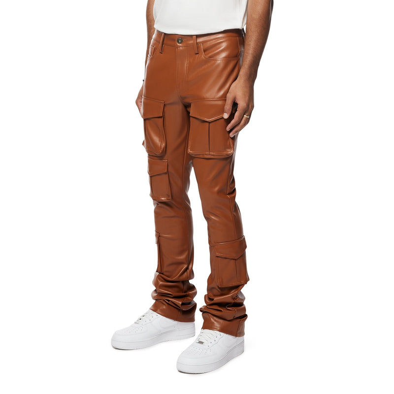 Vegan Leather Stacked Utility Pants - Cognac