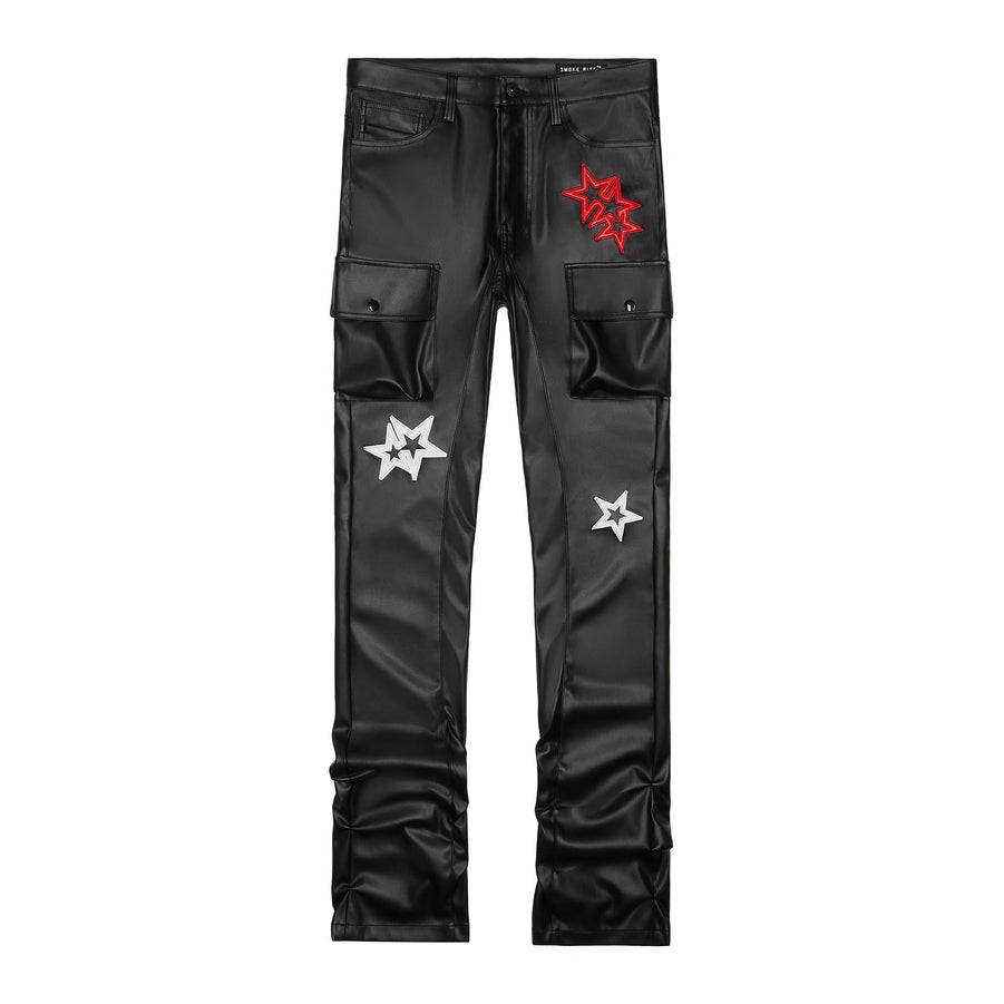 Smoke Rise 3D Embroidered Cargo Vegan Leather Pants - Black