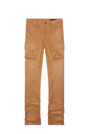 3D Embroidered Cargo Vegan Leather Pants - Tan
