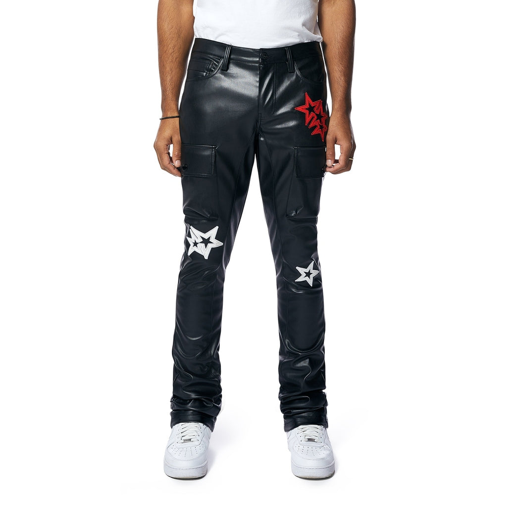 Smoke Rise 3D Embroidered Cargo Vegan Leather Pants - Black