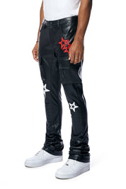 3D Embroidered Cargo Vegan Leather Pants - Black