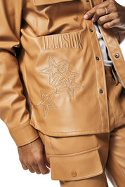 3D Embroidered & Patched Vegan Leather Overshirt - Tan