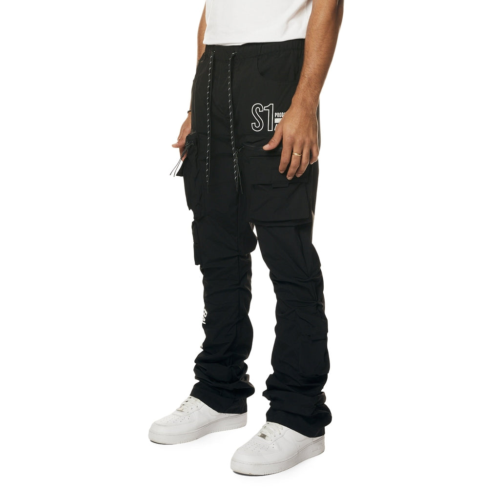 Smoke Rise Utility Cargo Stacked Windbreaker Pants - Black